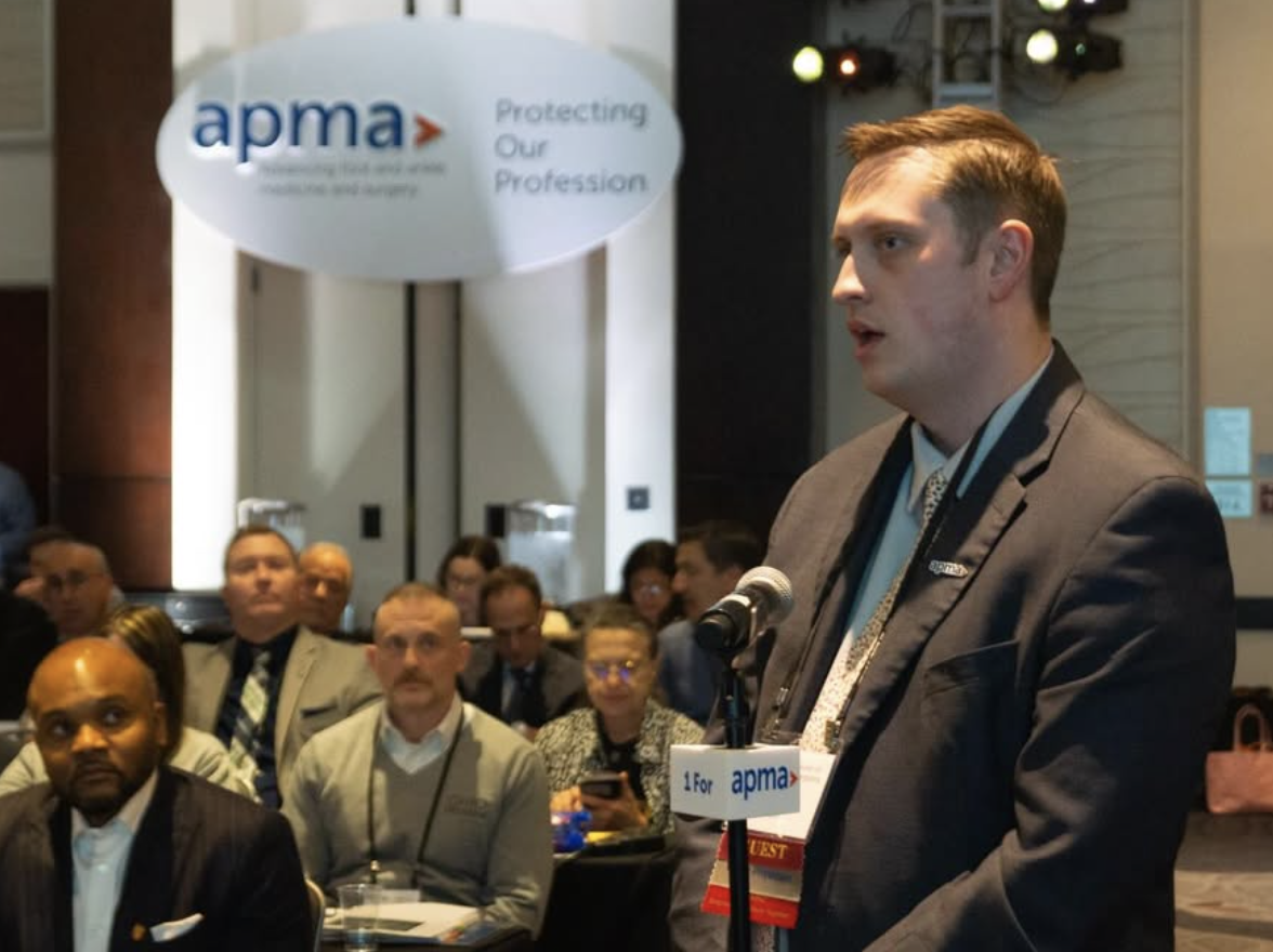 Peter Sorensen speaking at the 2026 APMA House of Delegates